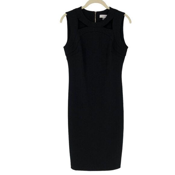 Calvin Klein Black Sheath Midi Sleeveless Dress Front Cutouts back zipup size 2 - Picture 2 of 15